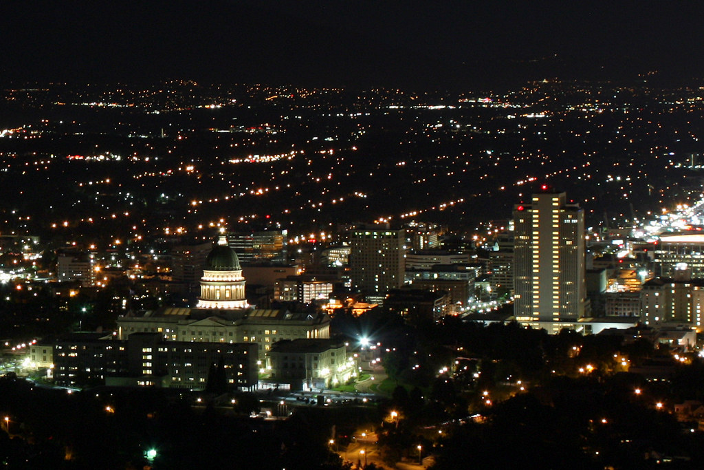 State capitol dome lit at night