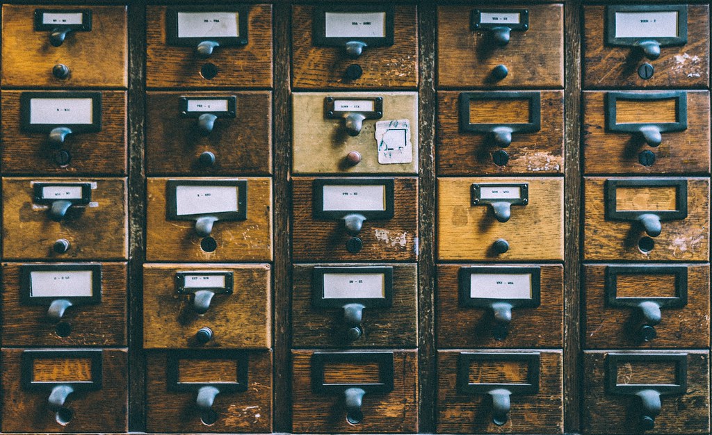 Library card catalog drawers