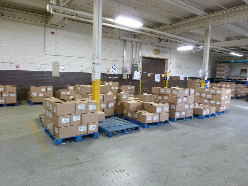 Staged cardboard boxes in a distribution warehouse