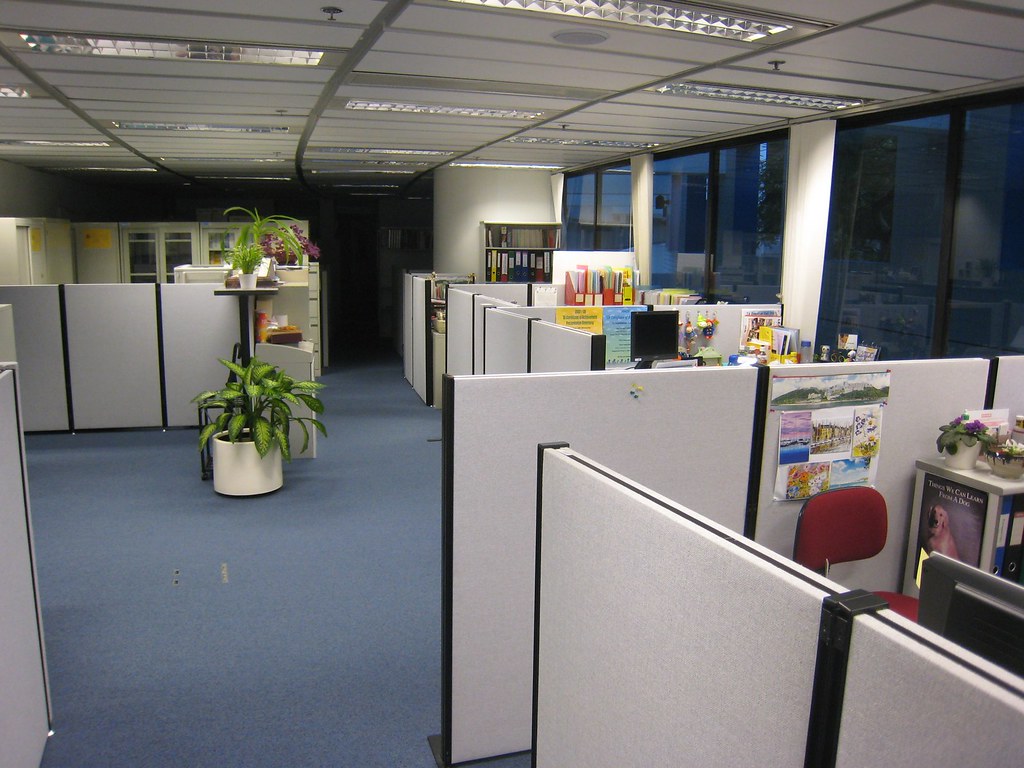 Empty cubicle office before renovation