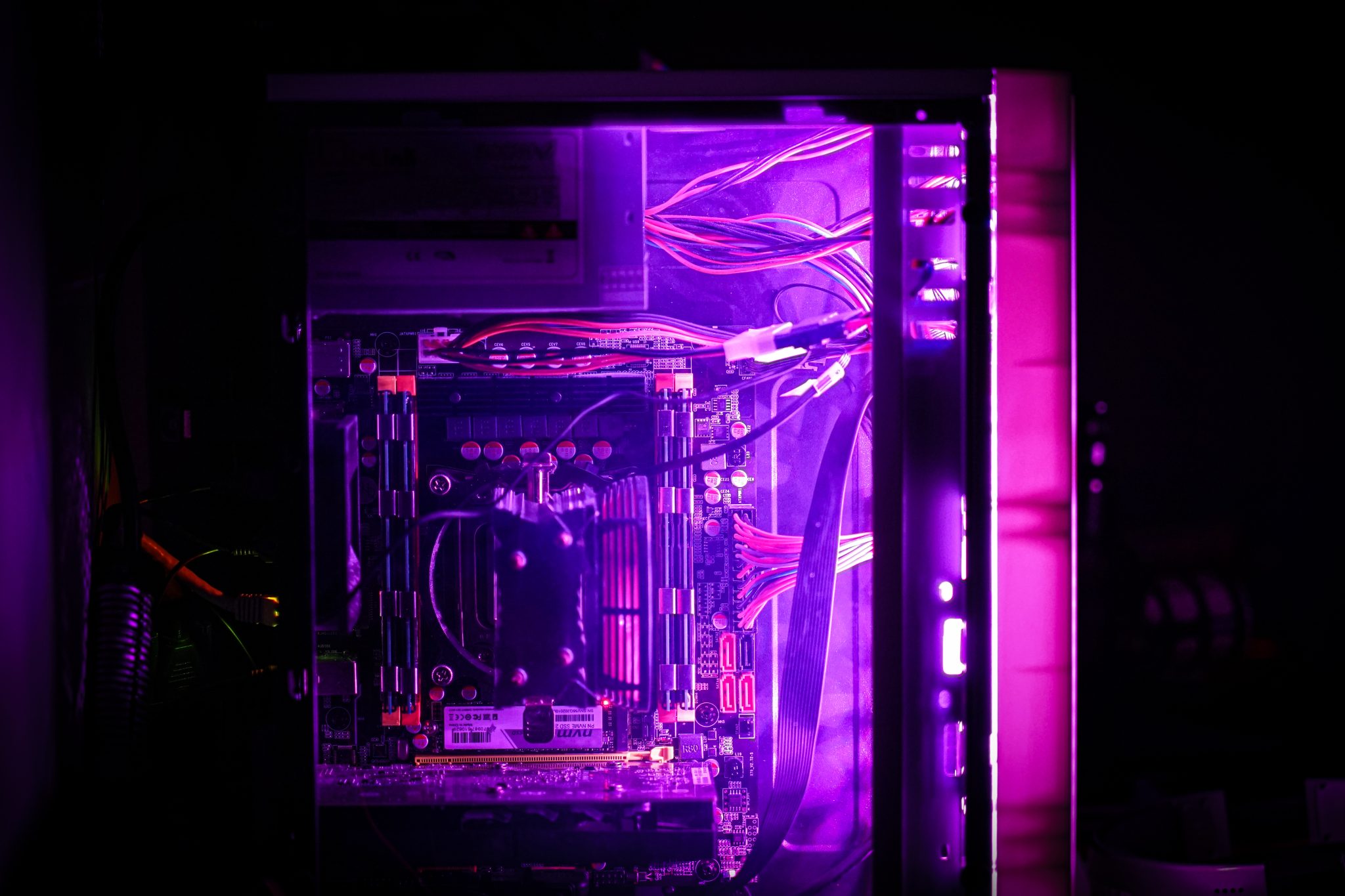 Open computer case showing internal components