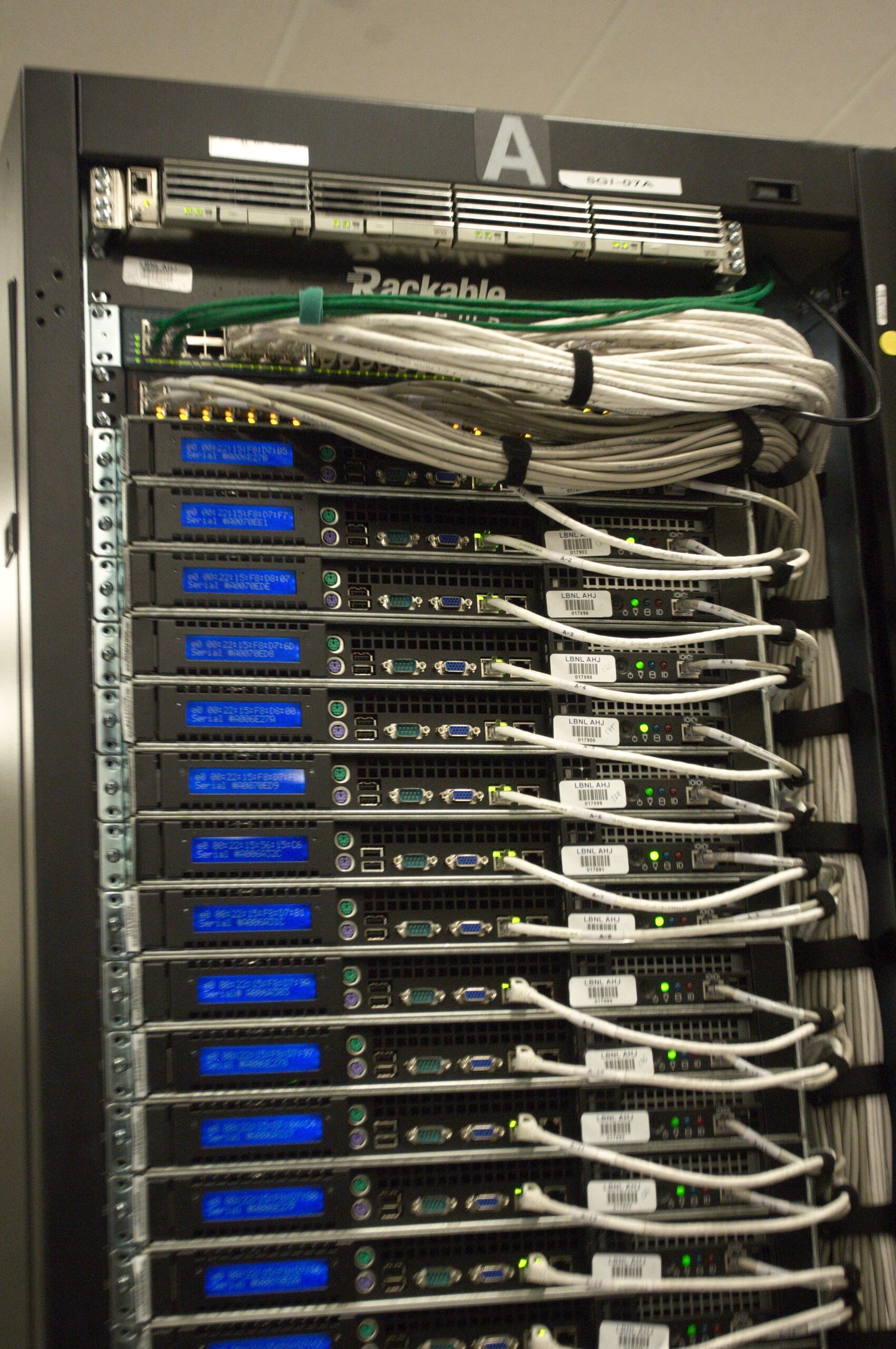 Rear of a server rack with cabling