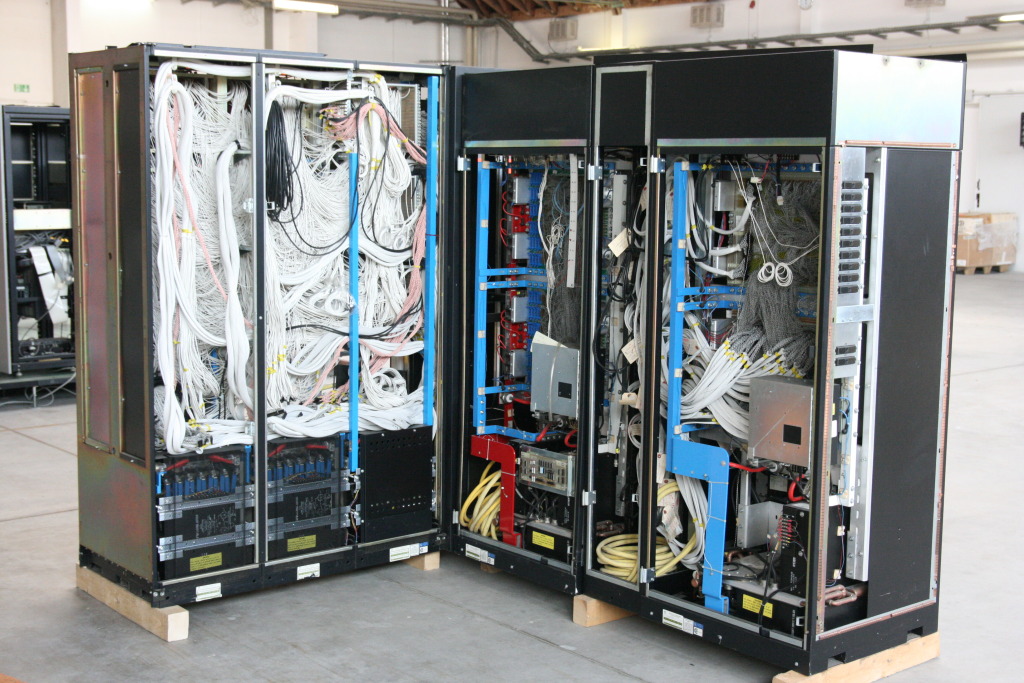 Legacy mainframe cabinets with tangled cabling