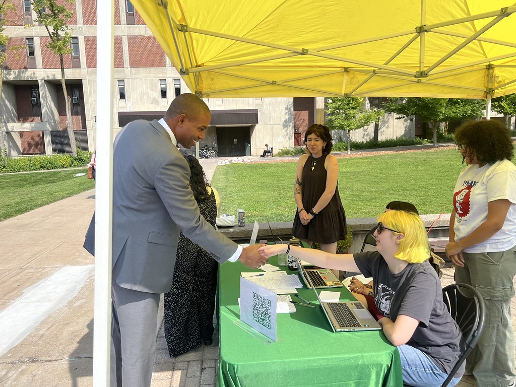 A campus voter-registration table