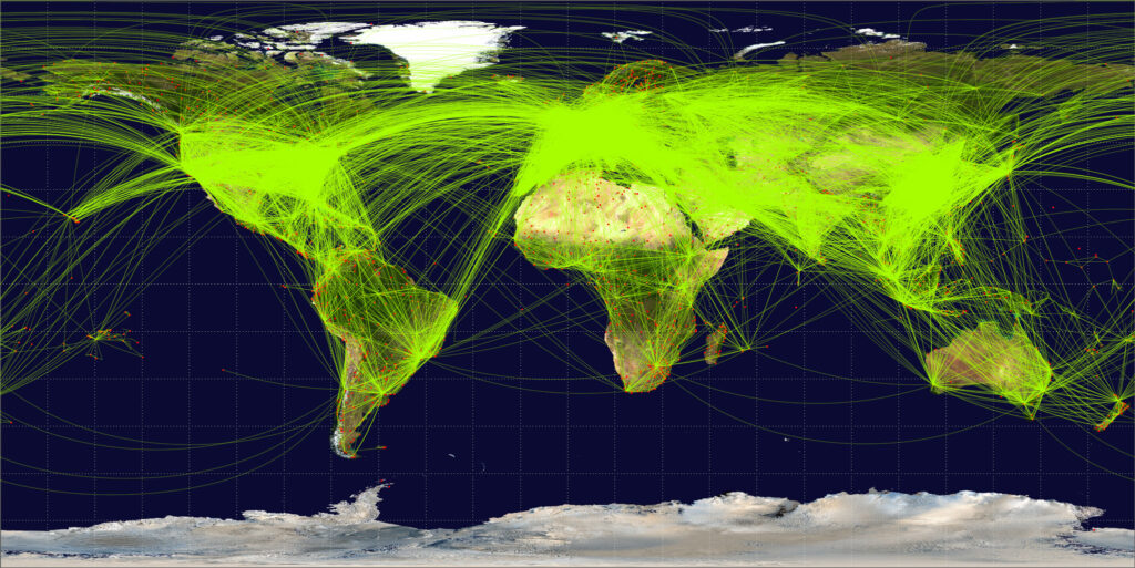 A world map with connection lines