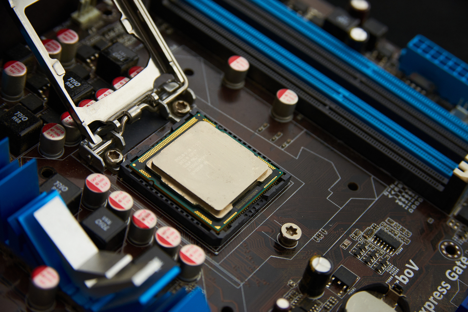 A CPU seated in a motherboard socket