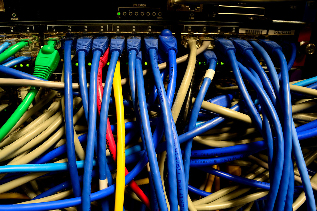 A network switch with many connected ports